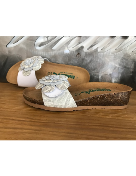 Ciabatta  BioNatura 12 ambra strap pellame naturale Bianco Argento cuoio suola confort
