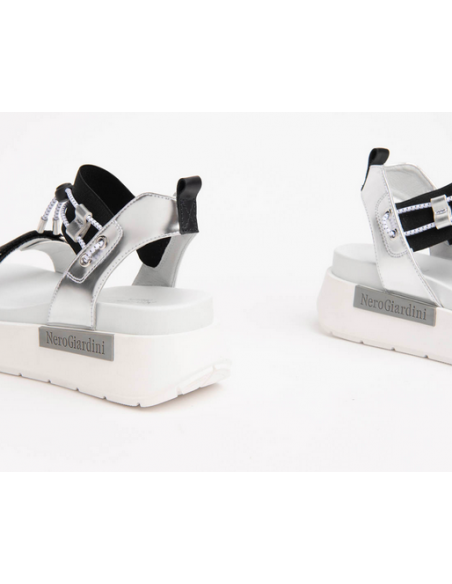 Sandalo Nero Giardini 219025  bianco argento nero laccio collo elastico passante strap
