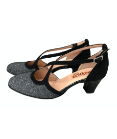 Scarpa elegante donna ESMERALDA  Laccio al collo   201pelle nera e glitter  tacco 5 cuoio
