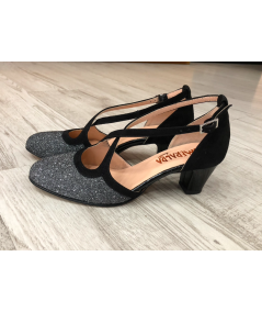 Scarpa elegante donna ESMERALDA  Laccio al collo   201pelle nera e glitter  tacco 5 cuoio