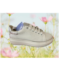 Sneakers donna KEYS K 10503, in pelle bianco Rif argento  suola gomma plantare