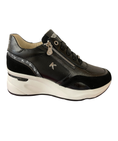 Sneakers donna KEYS K 10591, in pelle nera Rif argento suola gomma  rialzata con plantare