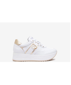 Nero Giardini  512910 Sneakers pelle bianca logata oro allacciato plantare estraibile suola rialzata