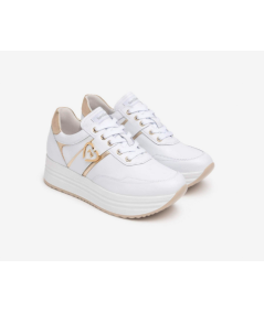 Nero Giardini  512910 Sneakers pelle bianca logata oro allacciato plantare estraibile suola rialzata