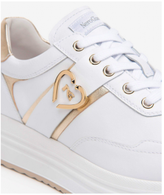 Nero Giardini  512910 Sneakers pelle bianca logata oro allacciato plantare estraibile suola rialzata