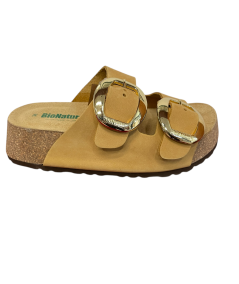 Ciabatta 2 fibbie  BioNatura A21THESISH-NBGI  pellame scamosciata beige Giallo Suola confort rialzata fibbia novita