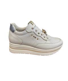 Nero Giardini 615202  Sneakers pelle bianca nappa lurex  panna allacciato plantare in memory estraibile