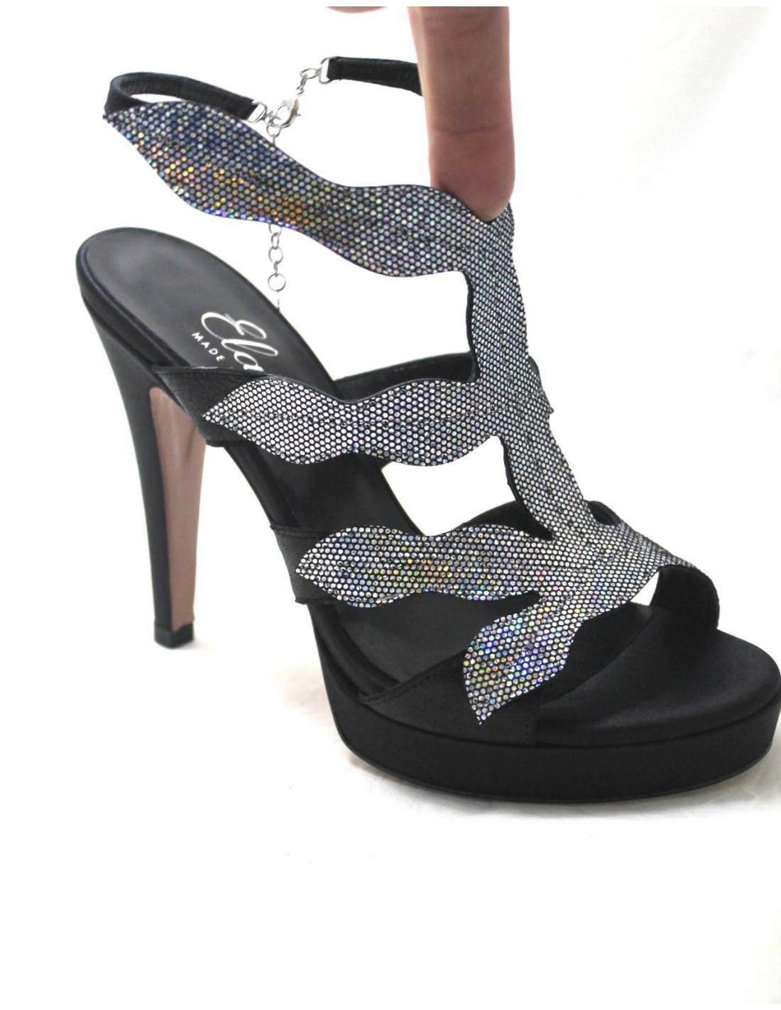 sandalo elegante ELATA 18102 saten nero, argento, stras tacco alto online  Vendita sandalo elegante ELATA 18102 saten nero, argen
