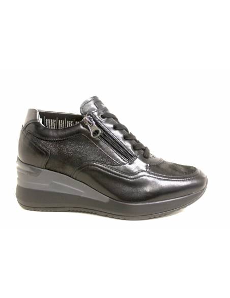 Sneakers donna Nero Giardini nero 013170 zeppa 4-5 pelle nero allacciata e cerniera