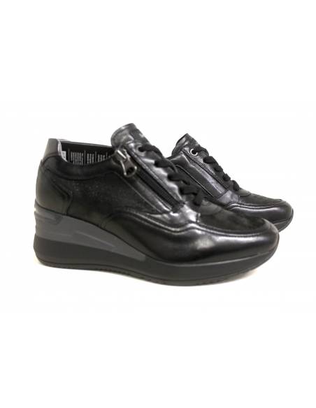 Sneakers donna Nero Giardini nero 013170 zeppa 4-5 pelle nero allacciata e cerniera