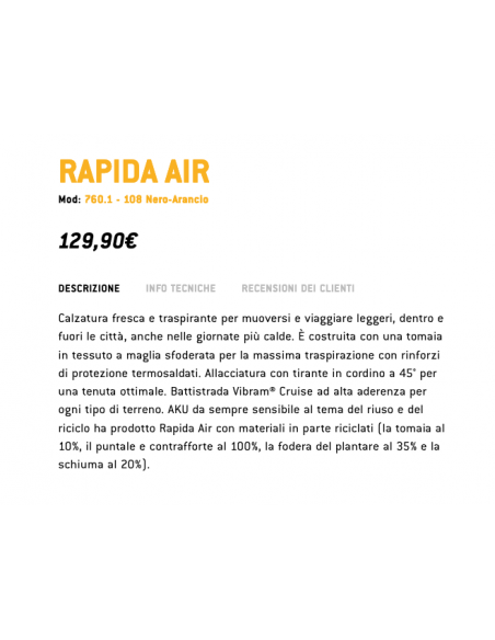Aku RAPIDA AIR 760.1 bassa trecking nero orange TRASPIRANTE ESTIVA